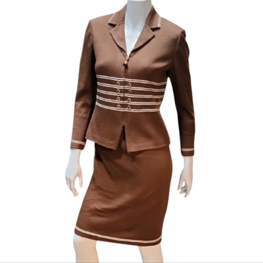 St John Vintage Brown Women's Skirt Suit Set With Gold Detail - Picture 3 of 6